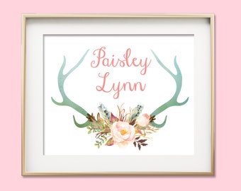 Personalized Boho Tribal Nursery Print, Boho Nursery, Custom Name Print, Baby Girl Nursery Wall Art, Deer Antler Print, Kids Room Decor