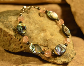 Abalone Bracelet Paua Shell bracelet with Pink Crystal Drum Beads Handmade Jewelry Gift Ideas for Her from The Hidden Meadow