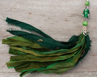 Boho Green Sari Silk Ribbon Tassel Necklace