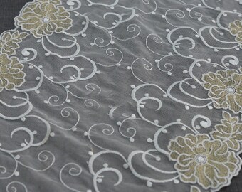 2 yard 25cm 9.8" wide ivory gold mesh embroidery lace trim ribbon L22K509 free ship