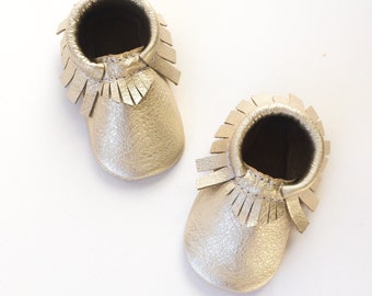 Baby Moccasins, Toddler Moccasins, Platinum Moccasins Champagne Crib Moccasins, Leather Shoes