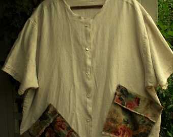 Linen Oatmeal Tunic/ Plus Size Linen Tunic/ 3-4X Garden Smock/ Upcycled Tunic-Smock/ Sheerfab Funwear