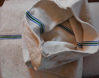 European Grain Feed Sack - Linen Green and Blue Stripe - Authentic - SHIP 5.00