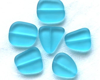 Six aqua blue faux sea glass beads, flat stone like beads in various shapes, 13 x 16mm frosted. satin, matte glass beads C0701