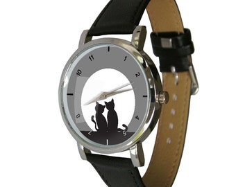 Cats and Moon design wristwatch - Black and White image - Sunset - Cat Lovers - Cat Gift - Cool Cat Watch