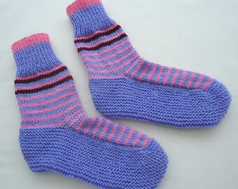 Hand knitted bed socks in Blue with Pink and Brown Strips