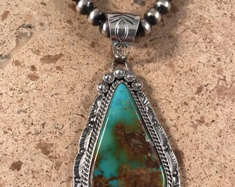 Navajo Pilot Mountain Turquoise & Sterling Silver Hand Stamped Pendant Signed