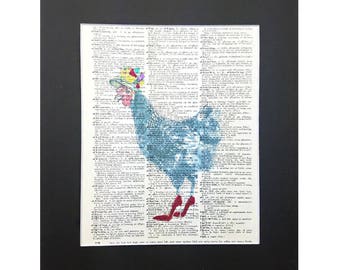 Chicken High Heels on Vintage Dictionary Page, Art Print, Wall Decor, Digital Manipulation with Sparks of Glitter,