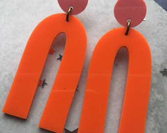 Orange and pink statement dangly earrings