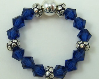 Dark Sapphire Blue Swarovski Crystal and Sterling Silver Stretch Ring (R32)