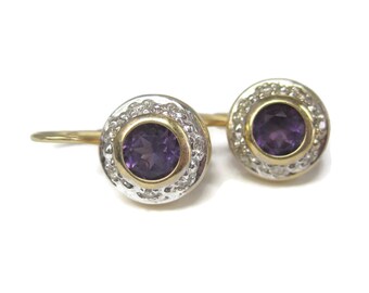 Vintage 14K Diamond Amethyst Leverback Earrings