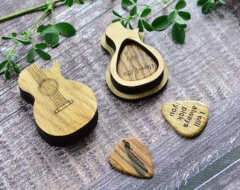 Custom Personalized Wood Guitar Pick Box and 3 Picks, Plectrum Pick Case Personalised Pick Holder Musicians Gift Gifts for Him Guitar Player