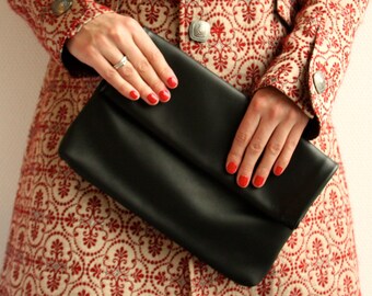 Black leather clutch, Black purse, Fold over clutch, Leather evening bag, Women purse, Black clutch bag, Minimalist purse, Leather pouch