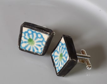Broken China Cuff Links - Green and Blue