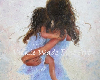 Mother and Daughter Art Print, loving mother hugs, hugging daughter, brunette mother, mom, mother's day, motherhood,Vickie Wade Art