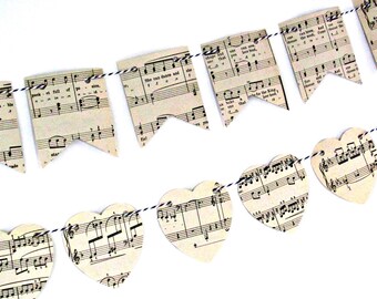 Music lover gift, Music lover art, Music wall art, Music bunting flags, Upcycled music gift, Garland backdrop, Paper bunting, Vintage gift
