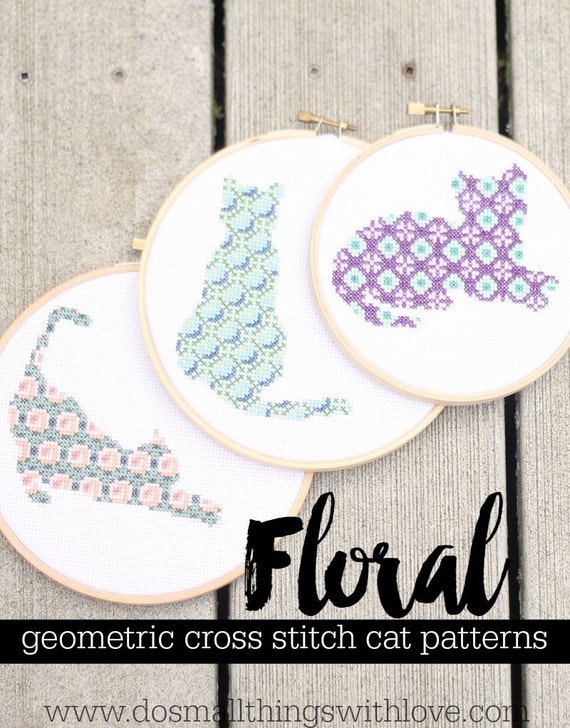 Floral Geometric Cat Cross Stitch Pattern Trio // 3 Patterns