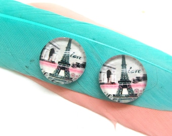Set of 2 cabochon 10 mm glass Eiffel Tower Love Vintage black and white - 10 mm