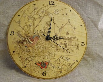 Wooden Wall Clock with Pokerwork design countryside scene