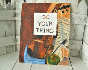 Vintage painting still life violin musical instrument with message on canvas- free shipping US
