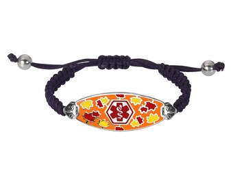 Divoti Custom Engraved Serene Maple Medical Alert Bracelet - Black Macrame Chain -Red-13396RE - Adjustable