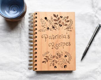 Personalized Recipe Book. Personalize Cook Book. Recipe Journal with Wood Covers. Gift Ideas for Mom.