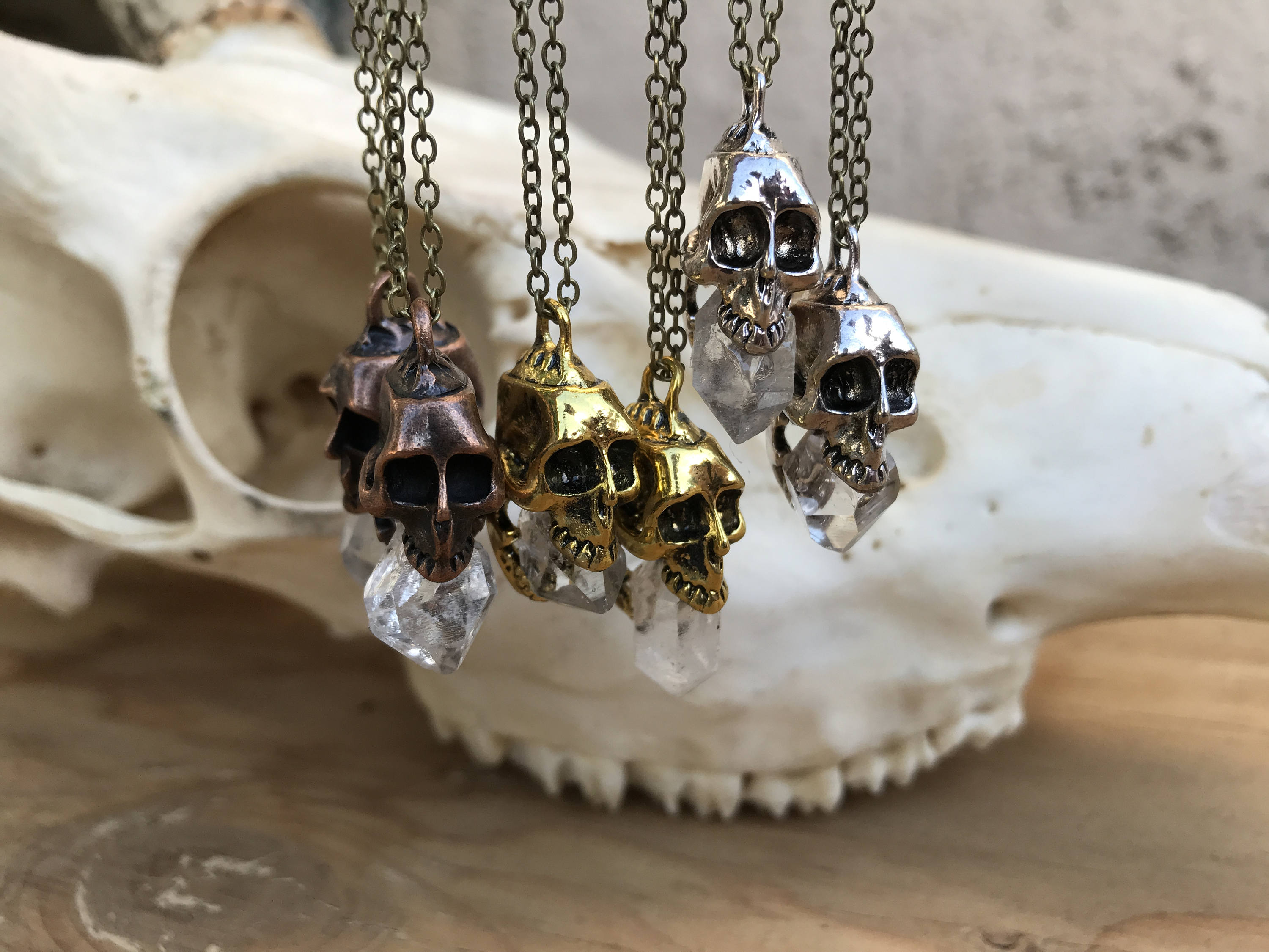 Quartz Crystal Skull Necklace/ Skull Pendant/ Gold Skull