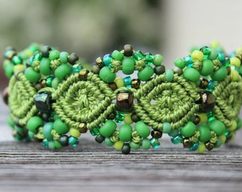 Micro-Macrame Beaded Cuff Bracelet - Light Green Mix