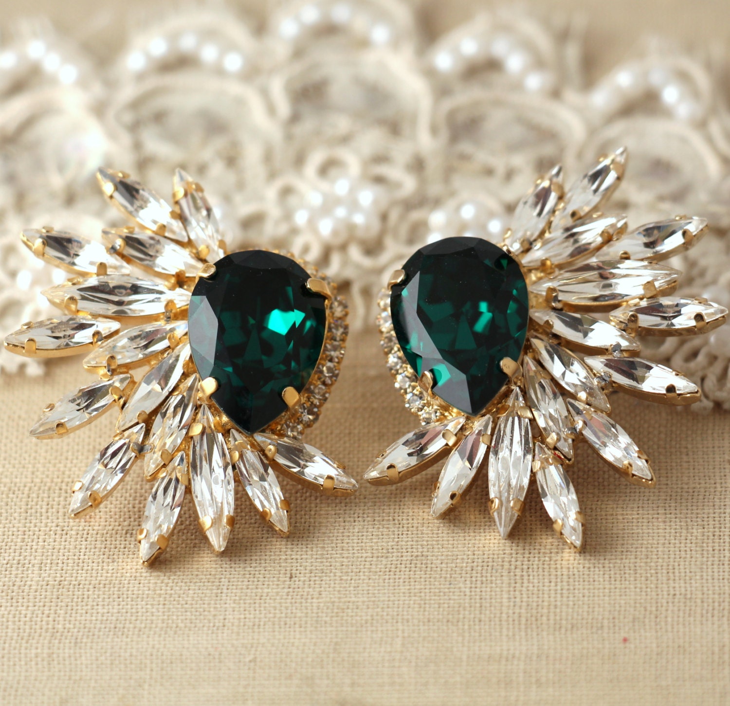 Emerald Statement Swarovski Earrings Zoom