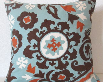 Throw pillow cover - Teal blue - Rust - Suzani - 18x18 - ikat throw pillow case