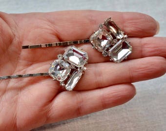 LAST ONE Set of 2 Beautiful Handmade Vintage Inspired Fancy Cut Crystal Rhinestone Hair Pins, Bridal, Wedding (Sparkle-2838)