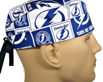 Men's Adjustable Fold-Up Cuffed or Un-Cuffed Surgical Scrub Hat made of Tampa Bay Lightning fabric