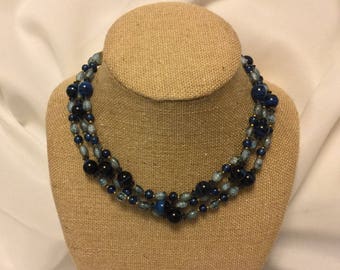 Miriam Haskell 3 Strand Blue Glass beaded choker - Signed Vintage Collectible Piece - Shades of Blue
