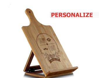 PERSONALIZED- kitchen book/Tablet/I pad holder stand for recipe books and cook books-Bamboo Standing Chef's Easel
