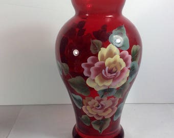 Vintage hand painted cranberry red tinted glass vase. Excellent. Free ship to us