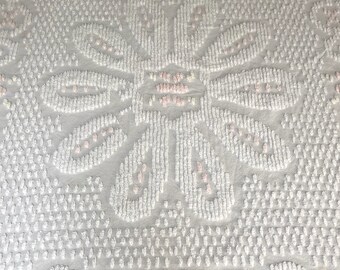 Wonderful Vintage Antique Shabby Chic Chenille Bedspread Pink white and green pattern