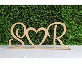 Personalised custom wedding initials heart freestanding wooden letters sign