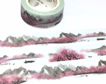 mountains scenery washi tape 7M grey tone pink tone mountain hill ink wash painting forest Masking sticker tape fairy tale scenes landscape