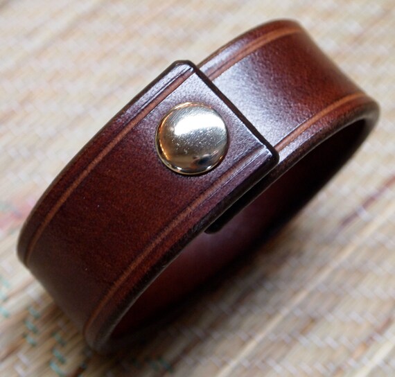 Brown leather bracelet snap cuff beautiful American Bridle leather scribed and Sexy and luxurious Made in USA by Freddie Matara