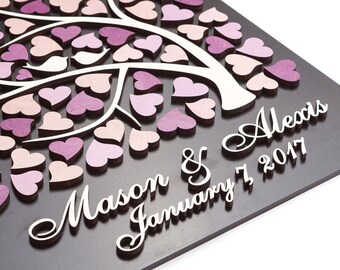 3D Wedding Guest Book Alternative Wedding Tree Wood guest book Rustic Wedding Guestbook Tree of Hearts Custom Guest book Purple Wedding