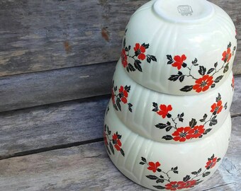 Vintage, Red Poppy, Nesting, Mixing Bowls, Halls Superior, 1940s, Platinum Trim, Vintage Kitchen, Collectible, Kitchenware, Kitchen Decor