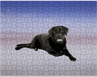 Black Labrador sitting on Beach Jigsaw Puzzle with Photo Tin, dog photo puzzle, dog print puzzle, dog family puzzle, Pet photo puzzle