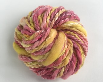 Handspun Yarn, Merino and bamboo mix fiber, Rhubarb and custard.