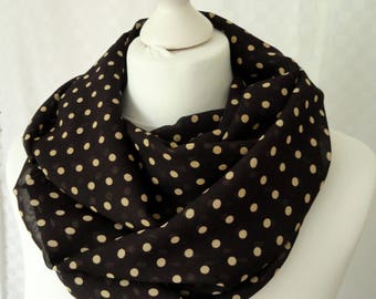 Polka dot infinity scarf, Brown beige polka dot scarf, Scarf for her, Lightweight scarf, Fashion scarf, Statement scarf