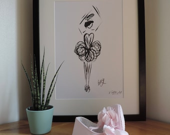 Beautiful print of hand drawn Ballerina originally drawn in Japanese ink, various sizes available
