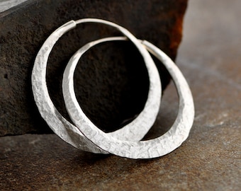 sterling silver hoop earrings with raw silk texture, medium endless hoops, eco friendly, wide, thick, self locking handcrafted hoops