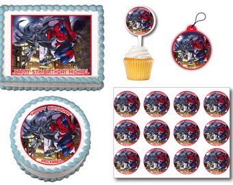 Spiderman Batman Edible Birthday Cake Toppers, Plastic cupcake Picks, Gift Tags or Stickers
