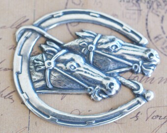 Brass Racing horses in horseshoe, Sterling Silver Finish, Brass Stampings and Jewelry Supplies Made in the USA