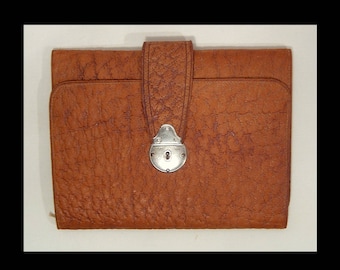 Dated 1914 toffee brown leather folding attache sales case w receipt blotter book ~ horse seller small briefcase ~ British Edwardian wallet