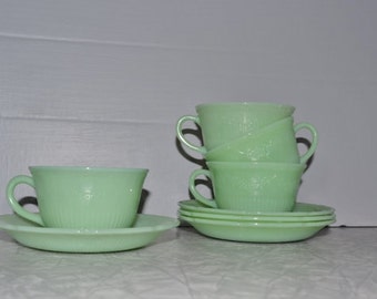 Fire King Jadeite Alice Cup Saucer Set of 4 ~ Green Fire King ~ Mint Tea Cup Set ~ Epsteam